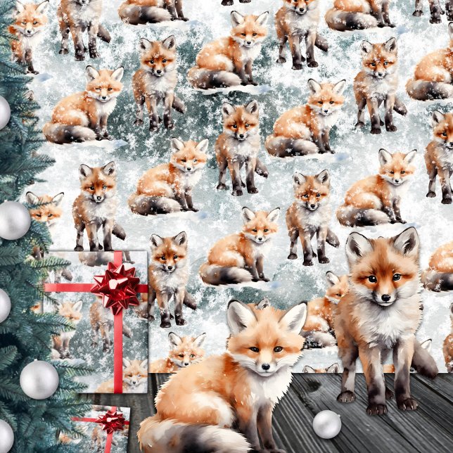 Red Fox Unge Snowy Winter Scene Presentpapper (Red Fox Cubs Snowy Winter Scene Wrapping Paper Rolls)