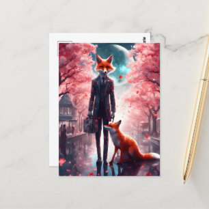 Red Fox Walking with a Brief Fodral Cherry Blommar Vykort