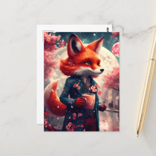 Red Fox Walking with a coffee Cherry Blommars Vykort