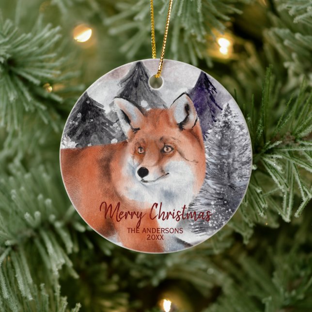 Red Fox Watercolor in Forest jul Ornament (Träd)