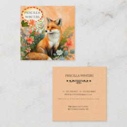 Red Fox Watercolor Peach Flowers Fyrkantigt Visitkort