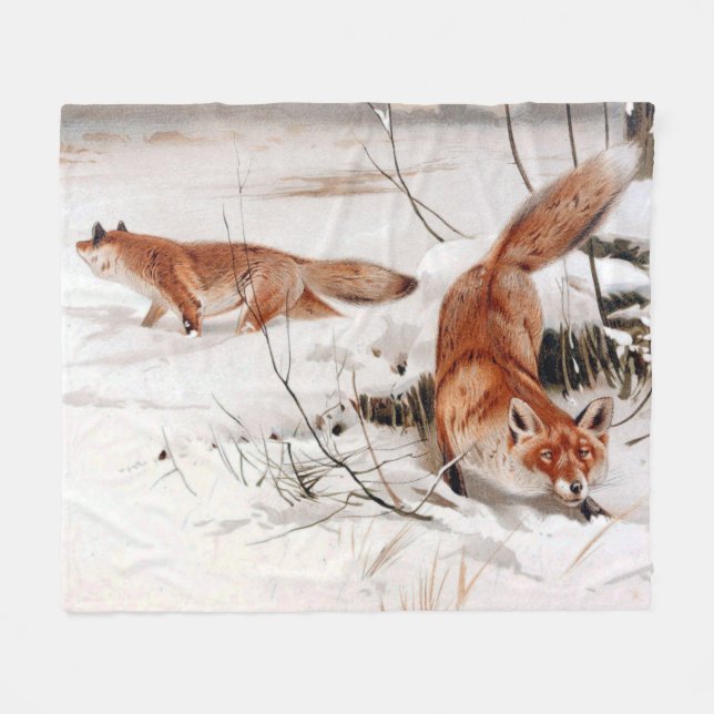 Red Foxes in the Winter Snow (by Wilhelm Kuhnert) Fleecefilt (Framsidan (Horisontell))