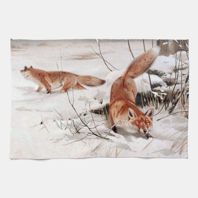 Red Foxes in the Winter Snow (by Wilhelm Kuhnert) Kökshandduk (Horisontell)