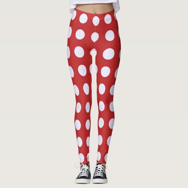 Red Fractal-stil - White Fractal-stil Polka dots Leggings (Framsida)