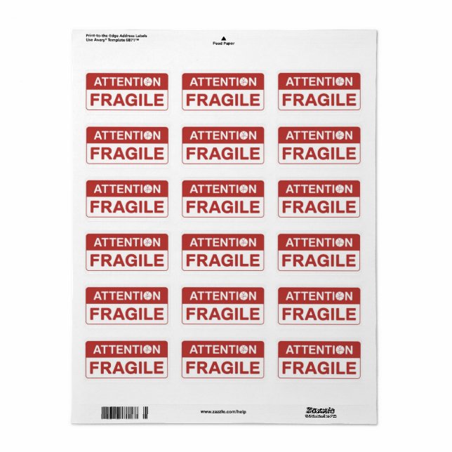 Red Fragile Handle med Care Mail Label bilder Adressetikett (Helt Ark)