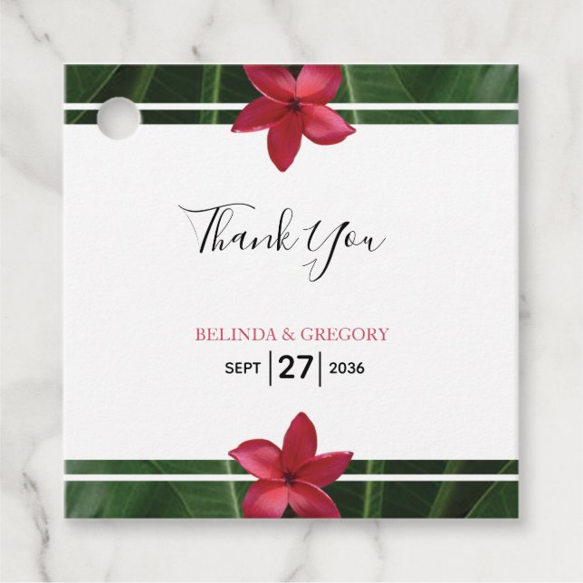 Red Frangipani Plumeria Bröllop Gift Gåvor Etiketter (Framsida)