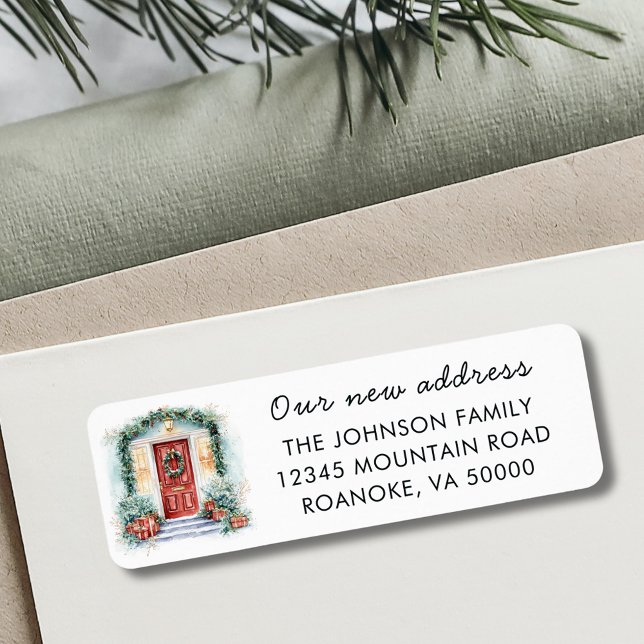Red Front Dor Helgdag Flytta Returadress Returadress Etikett (Red Front Door New Home Holiday Moving Announcement Return Addreses Label)