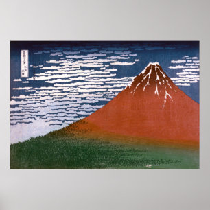 Red Fuji "Fujiyama" Volcano in Japanska Woodcut Poster