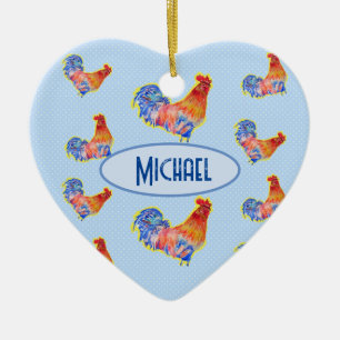 Red Funny Tupp Cockerel Blue and White Spots C Julgransprydnad Keramik