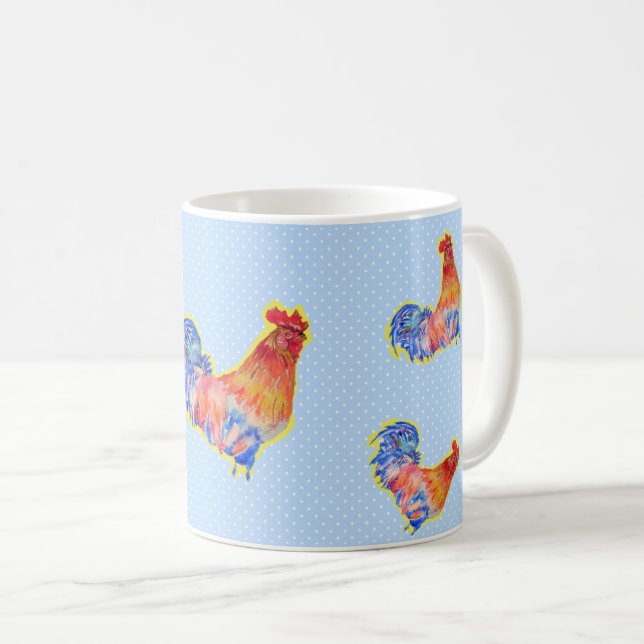 Red Funny Tupp Cockerel Blue and White Spots Kaffemugg (Framsida höger)