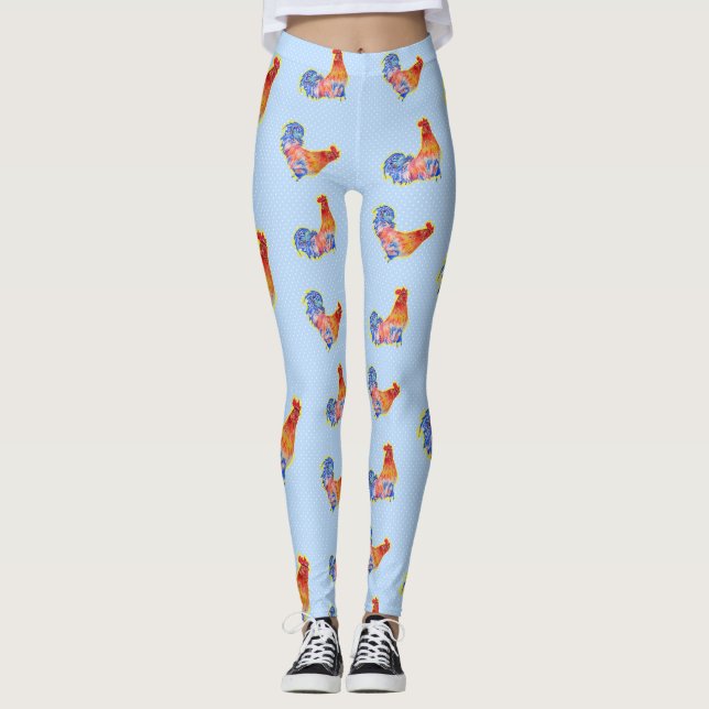 Red Funny Tupp Cockerel Blue and White Spots Leggings (Framsida)