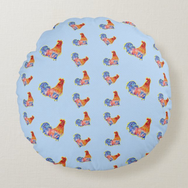 Red Funny Tupp Cockerel Blue and White Spots Rund Kudde (Framsidan)