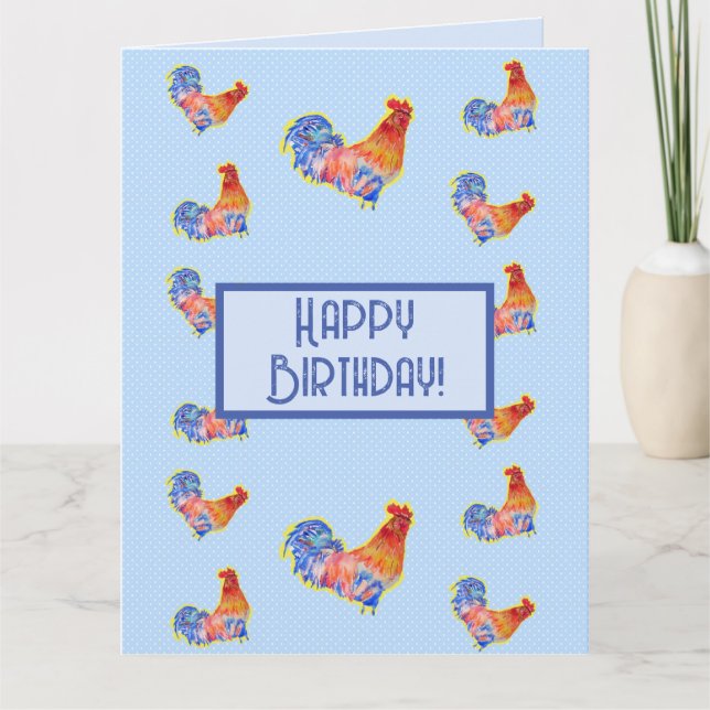 Red Funny Tupp Cockerel Blue Birthday Card Kort (Framsida)
