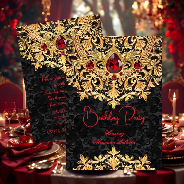 Red Gems Gold Black Lace Damask Birthday Party Inbjudningar (Skapare uppladdad)