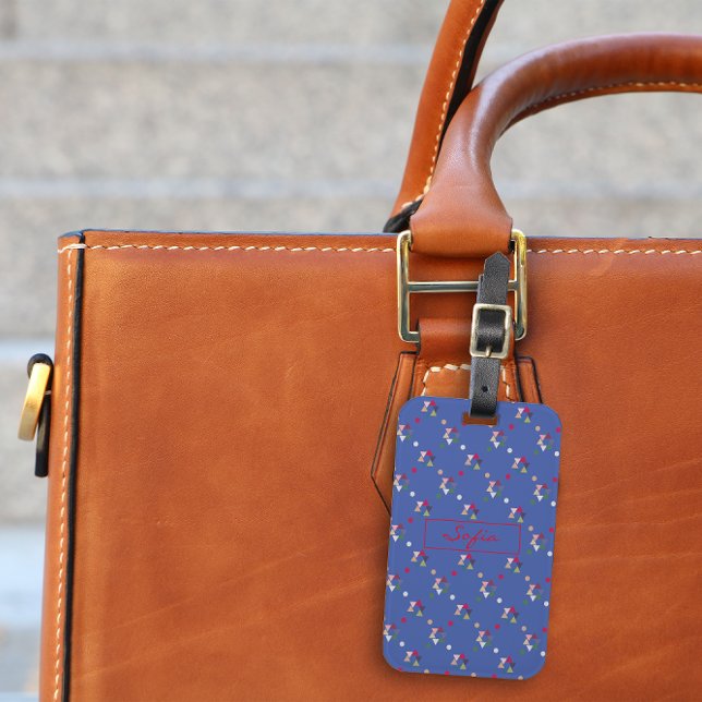 Red geometric minimum blue mönster Luggage Tag Bagagebricka (Skapare uppladdad)
