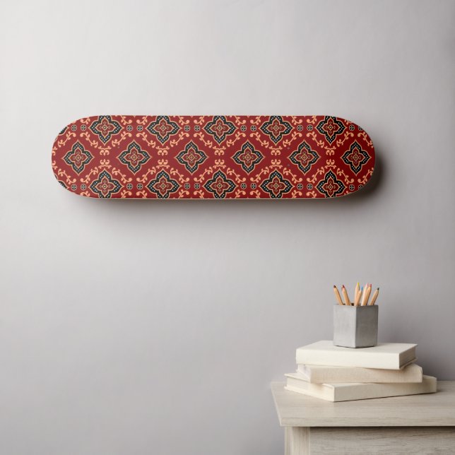 Red Geometric Mönster / Indian Print Mini Skateboard Bräda 18,5 Cm (Väggkonst (Horz))