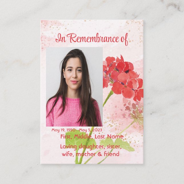 Red Geranium Memorial Pocket Keepsake Visitkort (Framsida)