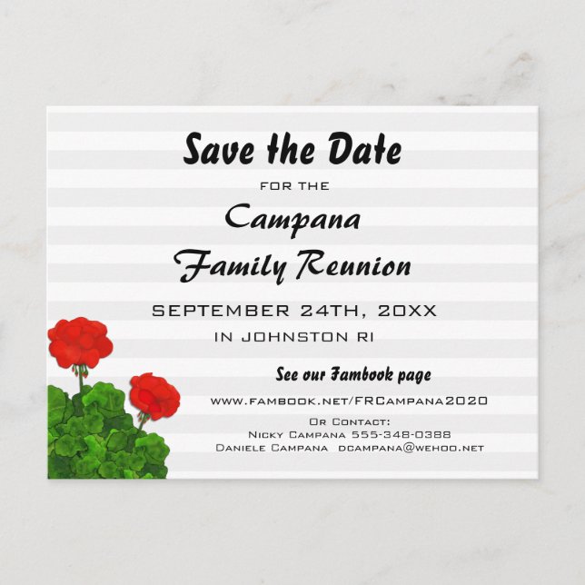 Red Geranium Reunion, Party, Event Save Date Inbjudan Vykort (Framsida)