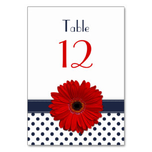 Red Gerber Daisy Navy Blue White Polka Dot Bröllop Bordsnummer