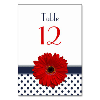 Red Gerber Daisy Navy Blue White Polka Dot Bröllop Bordsnummer