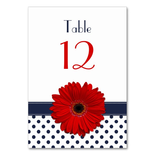 Red Gerber Daisy Navy Blue White Polka Dot Bröllop Bordsnummer (Baksidan)
