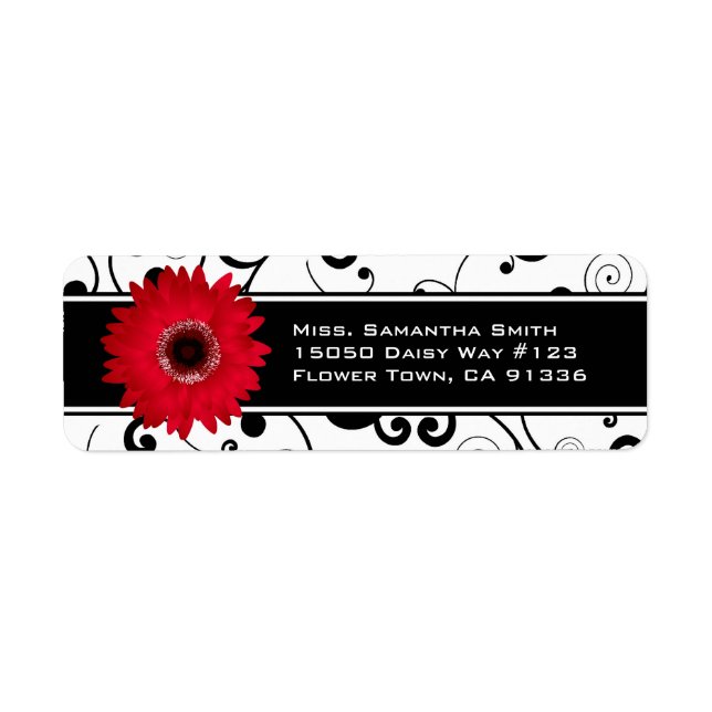 Red Gerbera Daisy Black & White Rulla Returadress Etikett (Framsidan)