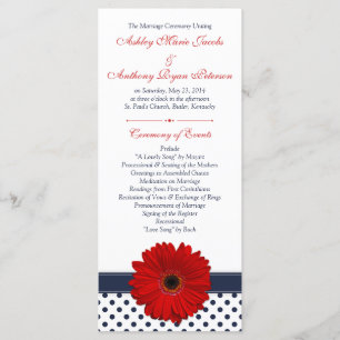 Red Gerbera Daisy Navy Polka Dot Bröllopsprogram Program
