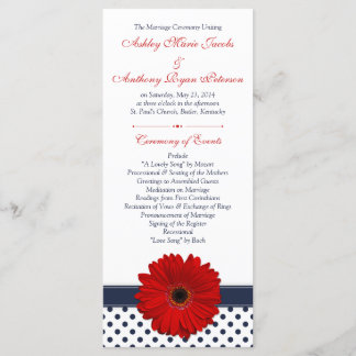 Red Gerbera Daisy Navy Polka Dot Bröllopsprogram Program