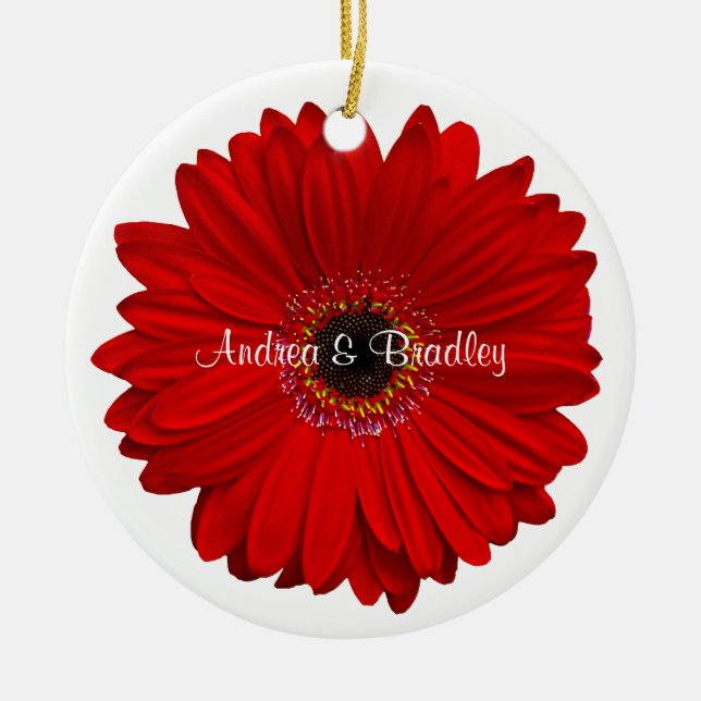 Red Gerbera Daisy Personlig Bröllop-årsdagen Julgransprydnad Keramik (Framsidan)