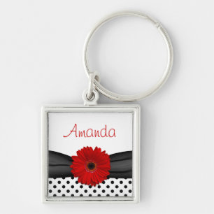 Red Gerbera Daisy Polka-prickens anpassade namnked Fyrkantig Silverfärgad Nyckelring