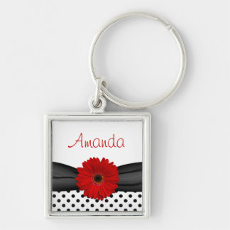 Red Gerbera Daisy Polka-prickens anpassade namnked Fyrkantig Silverfärgad Nyckelring