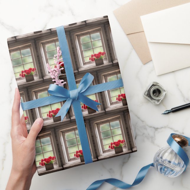 Red Gerbera Daisys in Farmhouse Window Presentpapper (Gifting)