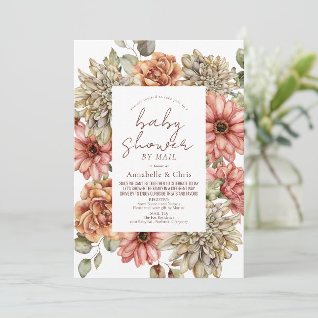 Red Gerbera & White Dahlia Baby Shower by Mail Inbjudningar (Stående Fram)