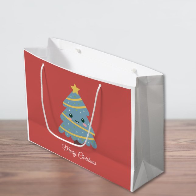 Red Gift Bag med Kawaii Julgran (Red Gift Bag with Kawaii Christmas Tree)