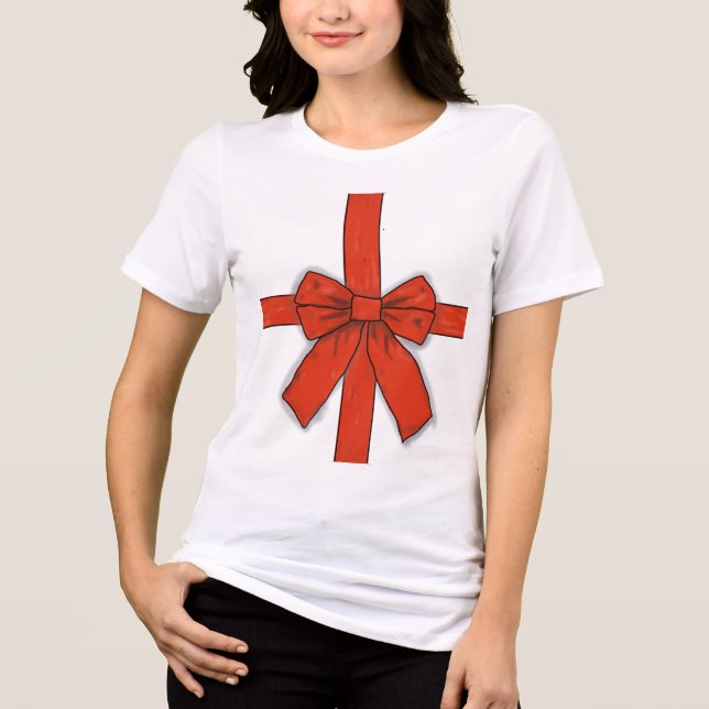 Red Gift Bow för Helgdagarna på T Shirt (Framsida)