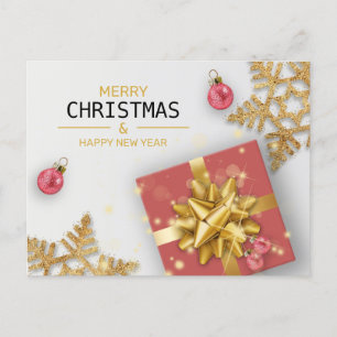 Red Gift Box Guld Snöflingor, Bollar Helg Vykort