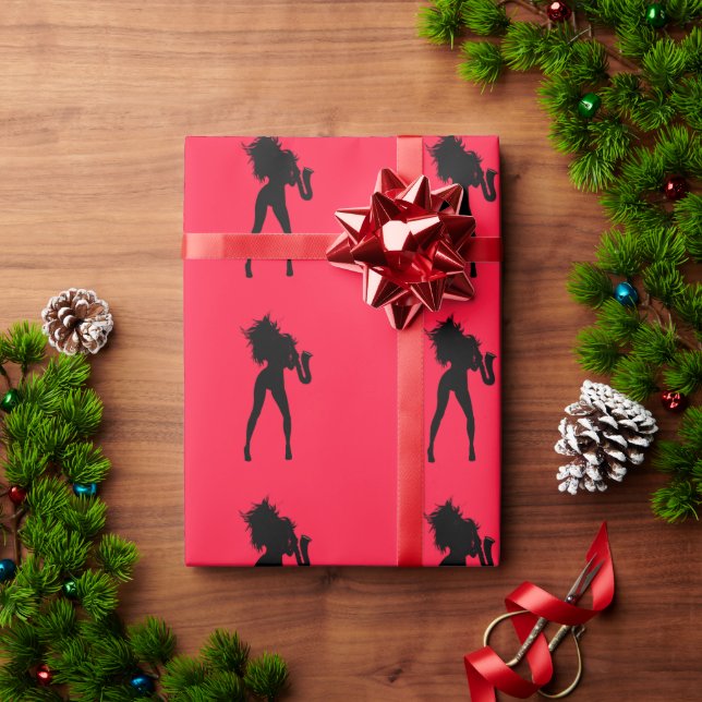 Red Gift Wrapping Papper Saxophone Player Girl Presentpapper (Julgåva)