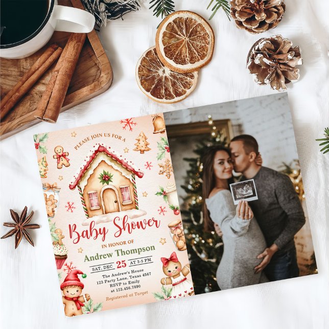 Red Gingerbread House Christmas Baby Shower Photo Inbjudningar (Skapare uppladdad)