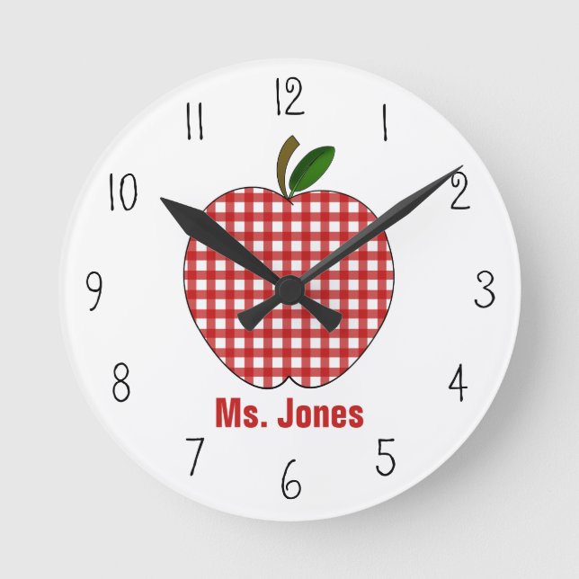 Red Gingham Apple Teacher Clock Rund Klocka (Framsida)