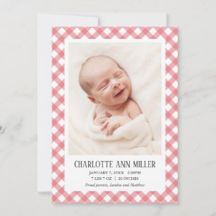 Red Gingham Baby Birth Announcement Photo Card Meddelande
