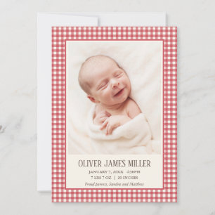 Red Gingham Baby Birth Announcement Photo Card Meddelande