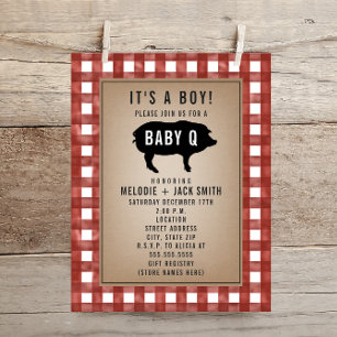Red Gingham Baby Q Baby Shower Inbjudningar