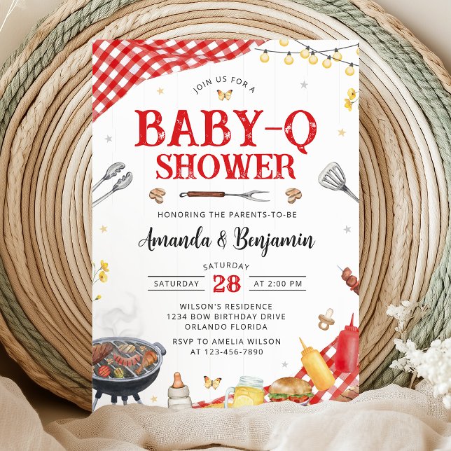 Red Gingham Baby-Q Shower Invitation Inbjudningar (Skapare uppladdad)