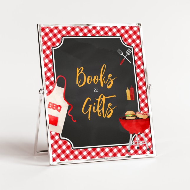 Red Gingham BBQ Baby Shower Bokar och presenter Poster (Burger in the Oven Baby Shower Books and Gifts Sign)