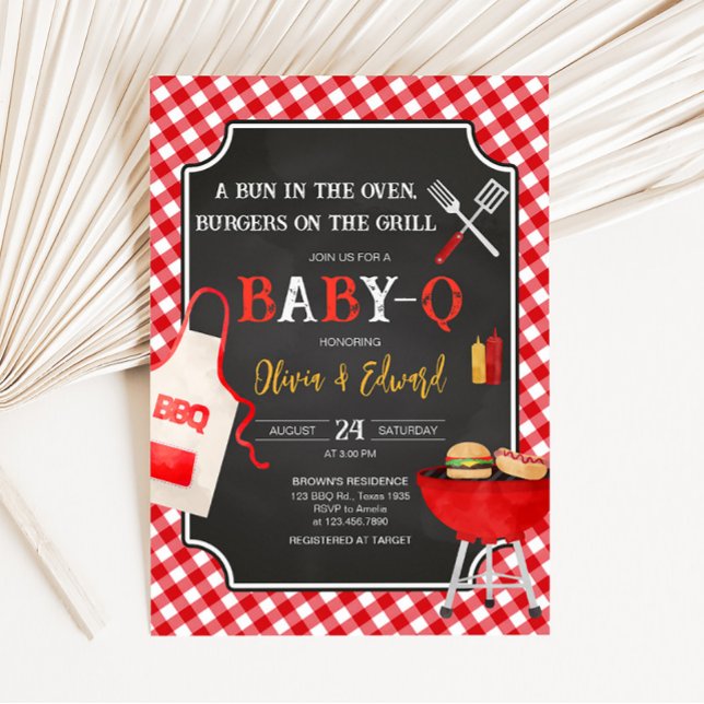Red Gingham BBQ Baby Shower Inbjudningar (Burger in the Oven Baby Shower Invitation)