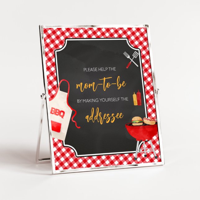 Red Gingham BBQ Baby Shower Kuvert Station Poster (Burger in the Oven Baby Shower Envelope Station Sign)