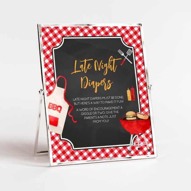 Red Gingham BBQ Baby Shower Late Night Diables Poster (Burger in the Oven Baby Shower Late Night Diapers Sign)