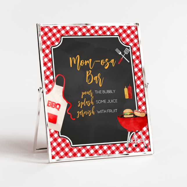 Red Gingham BBQ Baby Shower Mamma Osa Pub Poster (Burger in the Oven Baby Shower Mom Osa Bar Sign)