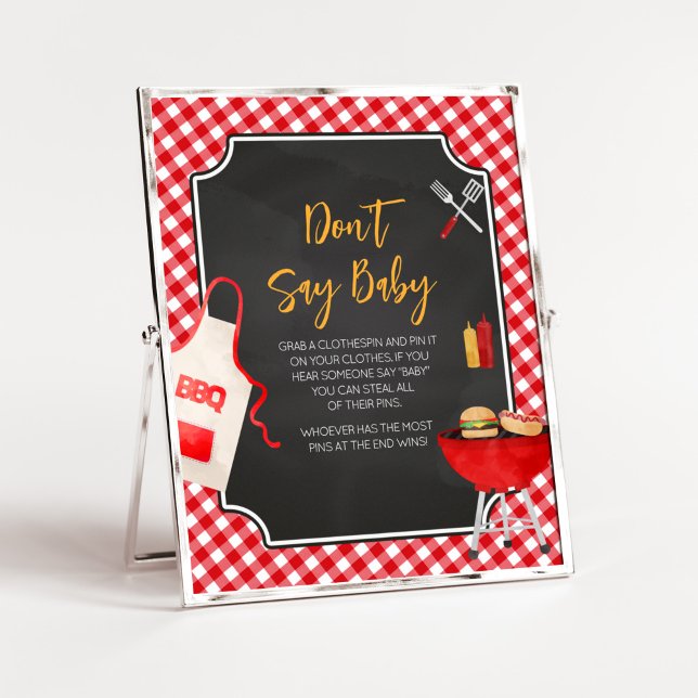 Red Gingham BBQ Baby Shower Säg inte Baby Poster (Burger in the Oven Baby Shower Don't Say Baby Sign
)
