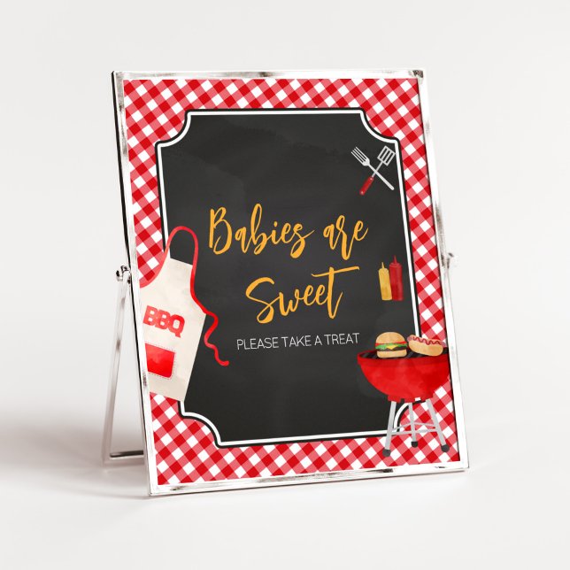 Red Gingham BBQ Baby Shower Spädbarn är Sweet Poster (Burger in the Oven Baby Shower Babies are Sweet Sign)